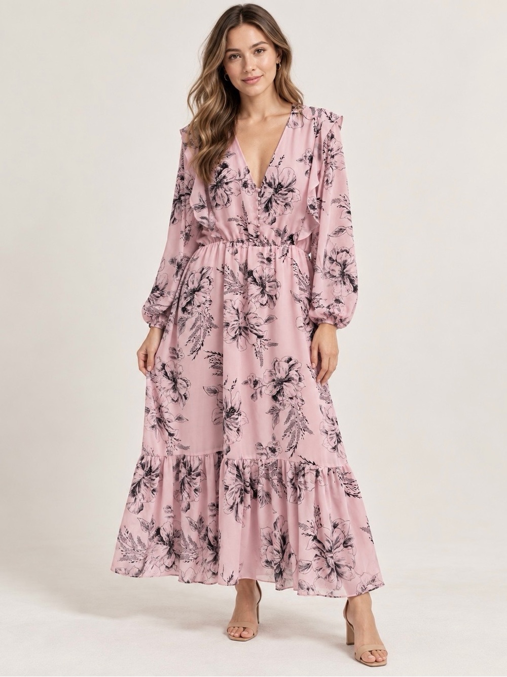 Ophelia Roe Pink Floral Maxi Dress 2X Ruffle Button Front Long Sleeve Boho